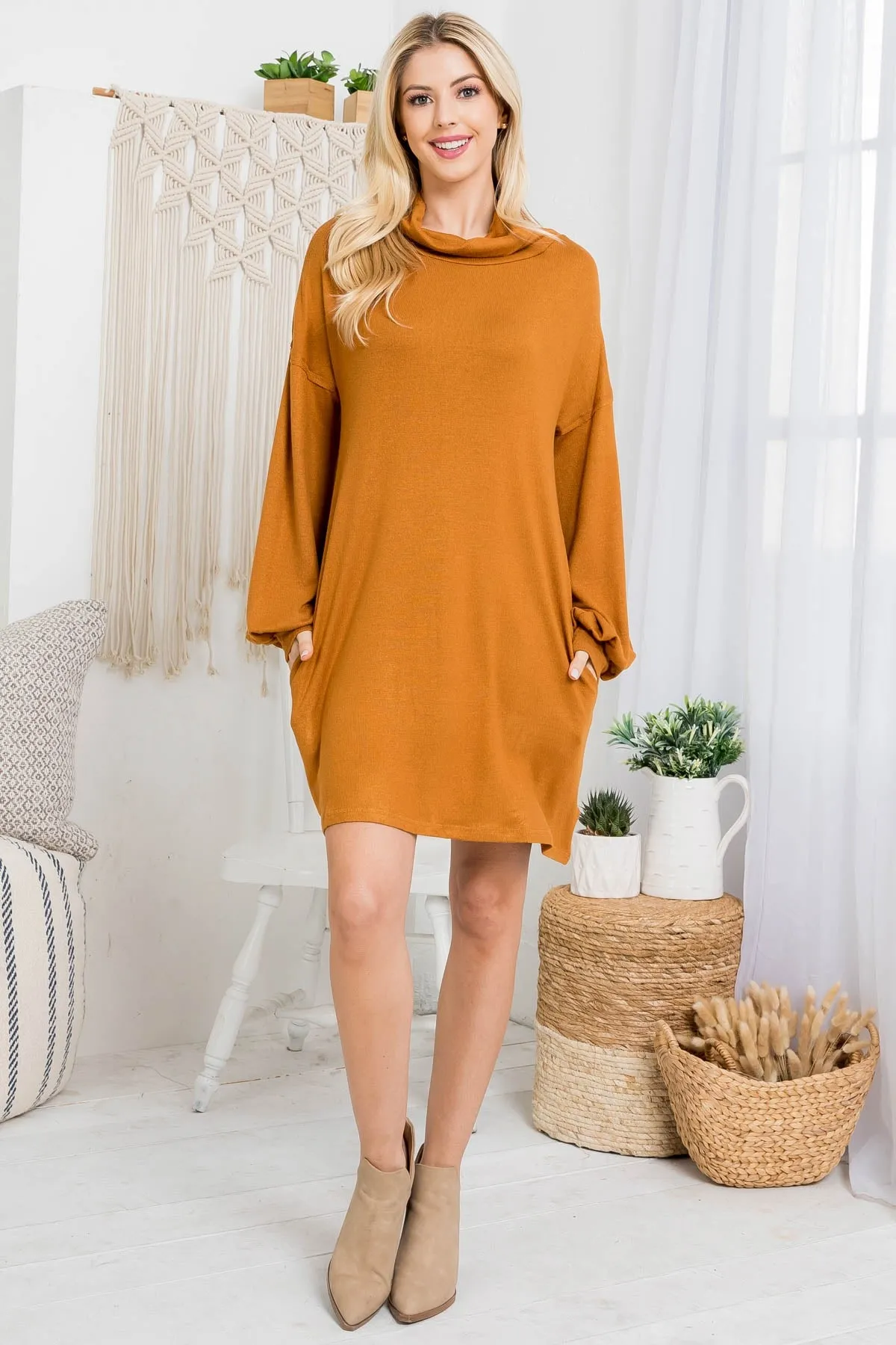MUSTARD COWL NECK WITH BOTTOM SIDE POCKET CUFFED LONG SLEEVE BABYDOLL DRESS