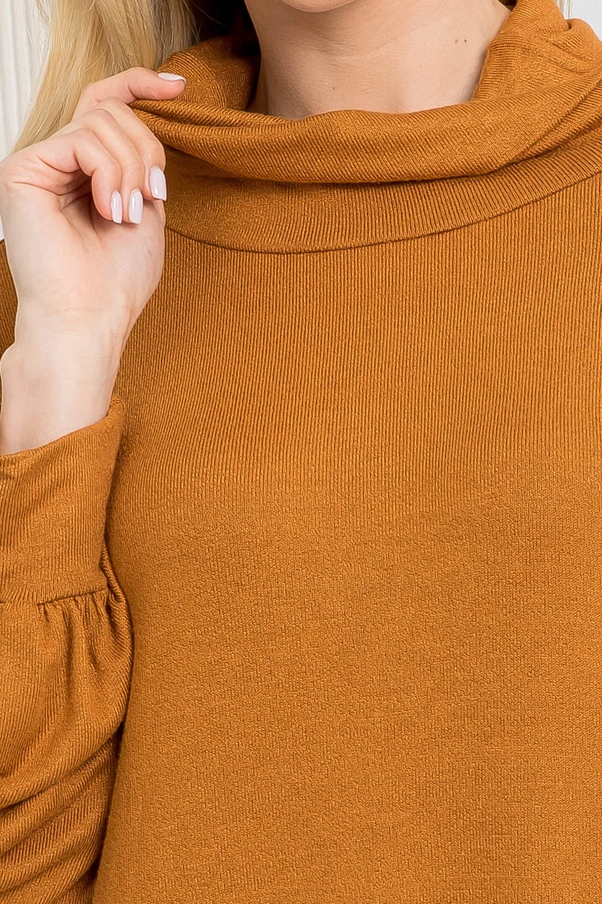 MUSTARD COWL NECK WITH BOTTOM SIDE POCKET CUFFED LONG SLEEVE BABYDOLL DRESS