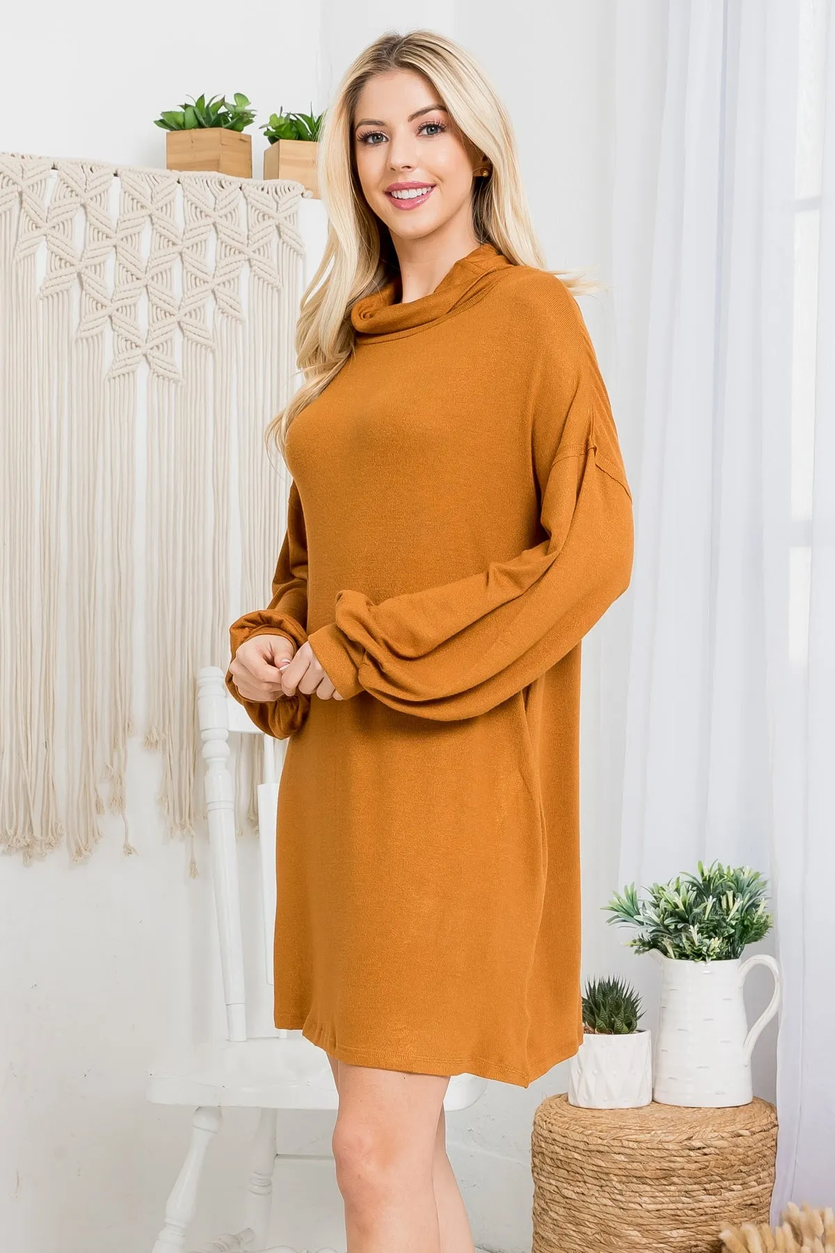 MUSTARD COWL NECK WITH BOTTOM SIDE POCKET CUFFED LONG SLEEVE BABYDOLL DRESS