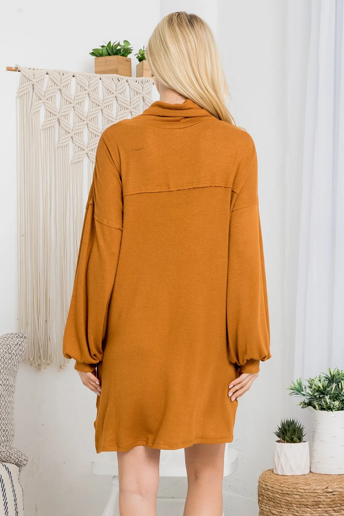 MUSTARD COWL NECK WITH BOTTOM SIDE POCKET CUFFED LONG SLEEVE BABYDOLL DRESS