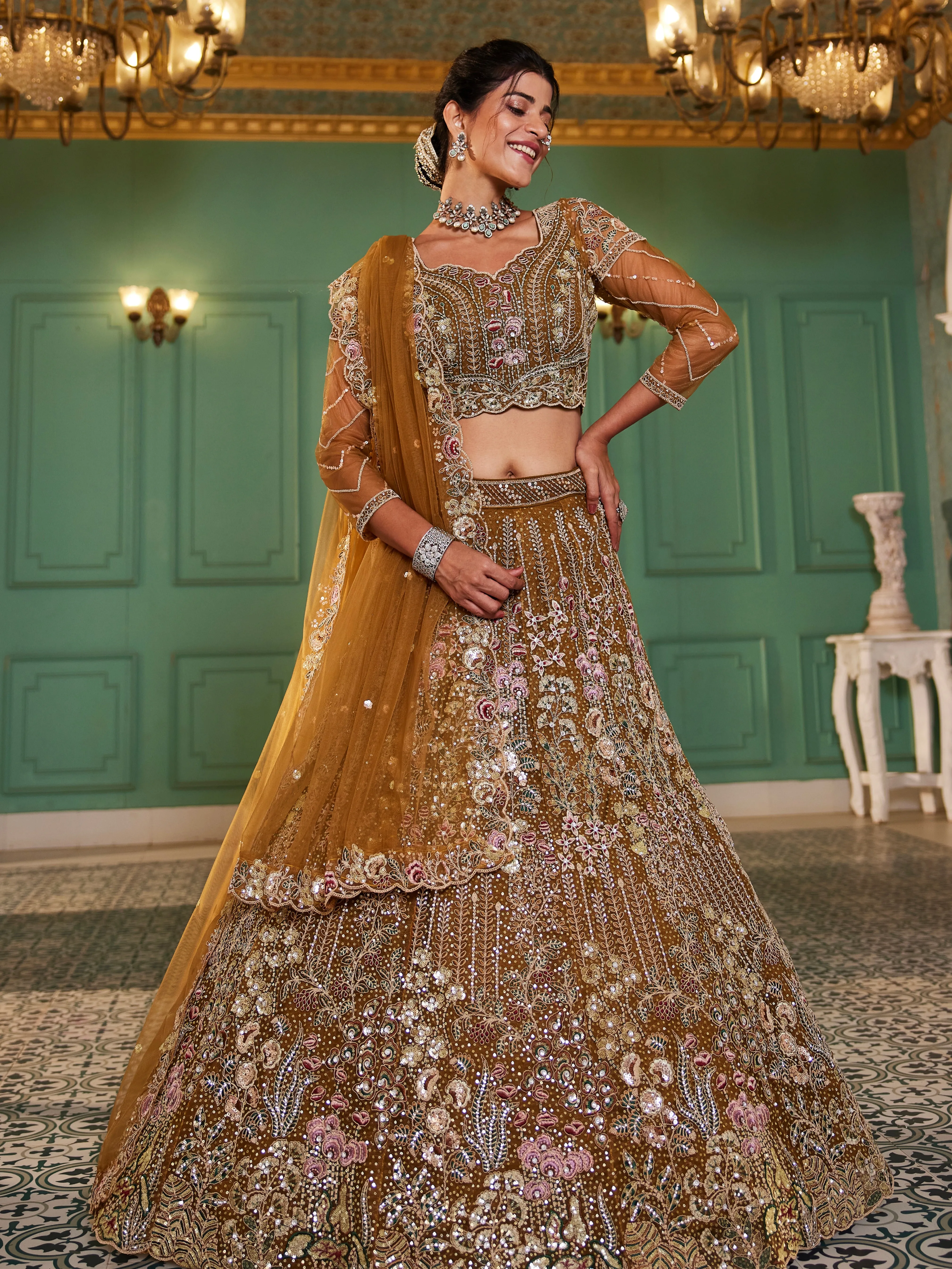 Mustard Net Bridal Lehenga with Sequins & Zarkan Embroidery