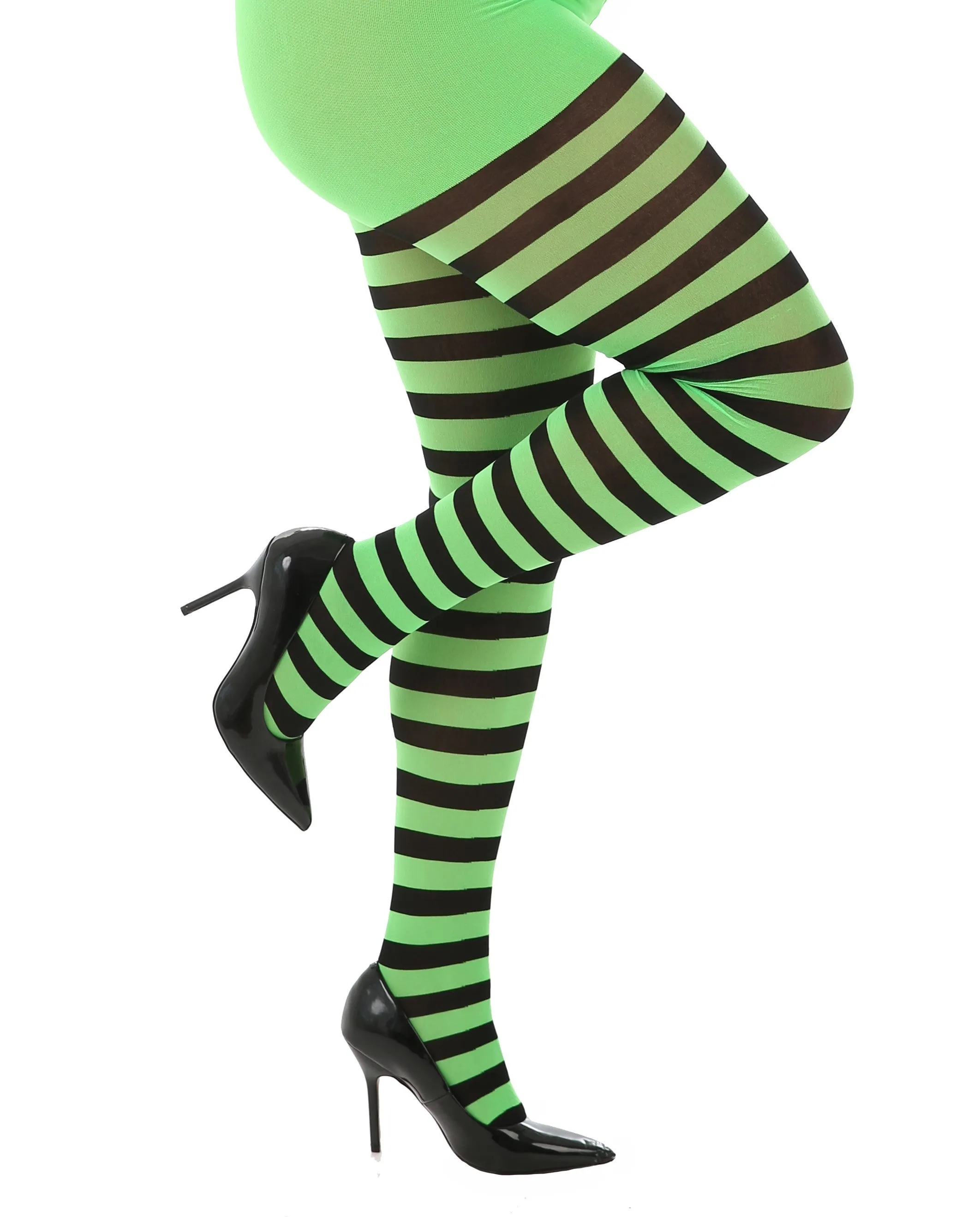 Pamela Mann Curvy Super-Stretch Striped Tights in Black/Green