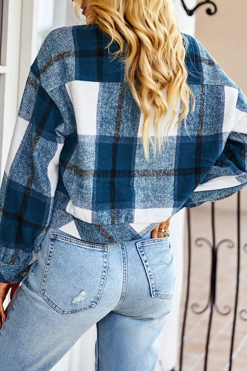 Plaid Button Cropped Coat: Blue