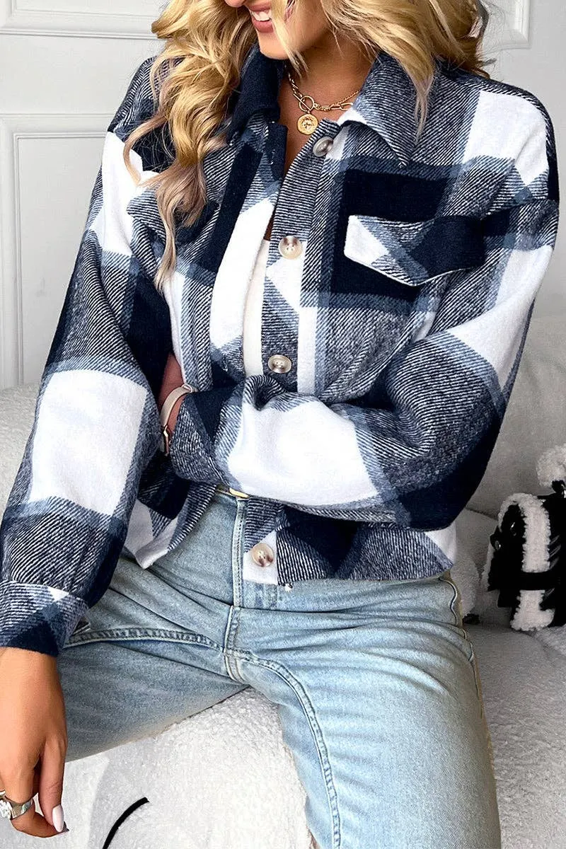 Plaid Button Cropped Coat: Navy