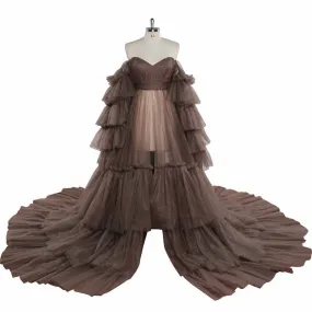 Puffy Ruffles Tulle Robe for Maternity Photoshoot Sheer Off Shoulder Maternity Baby Shower Prom Gown