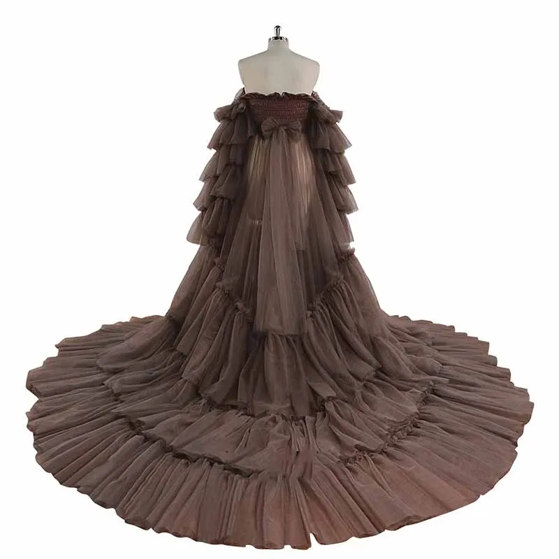 Puffy Ruffles Tulle Robe for Maternity Photoshoot Sheer Off Shoulder Maternity Baby Shower Prom Gown