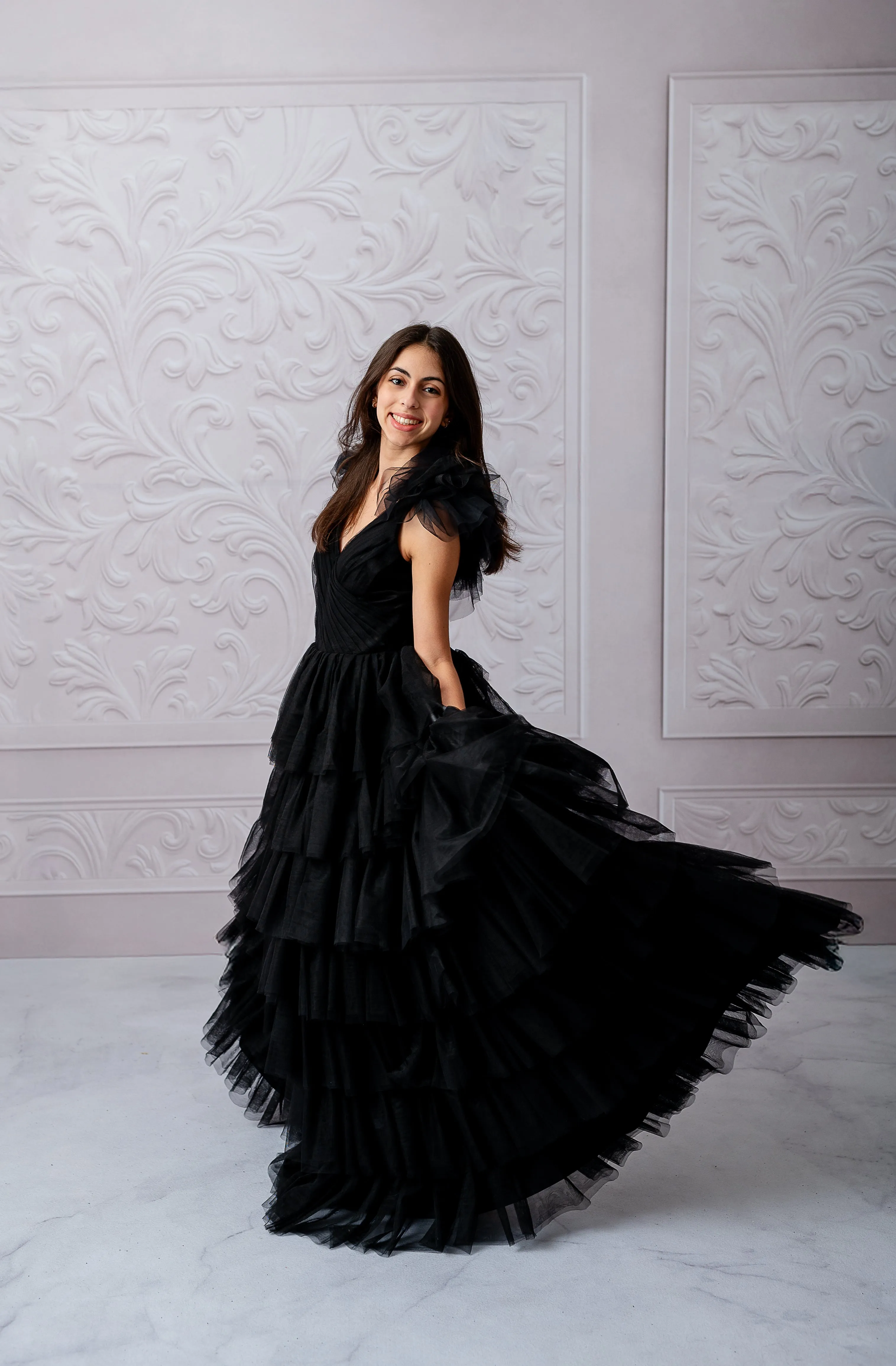 "Noir Reverie" Couture Floor-Length Gown in Black (Fits Ages 10 - Petite 14)