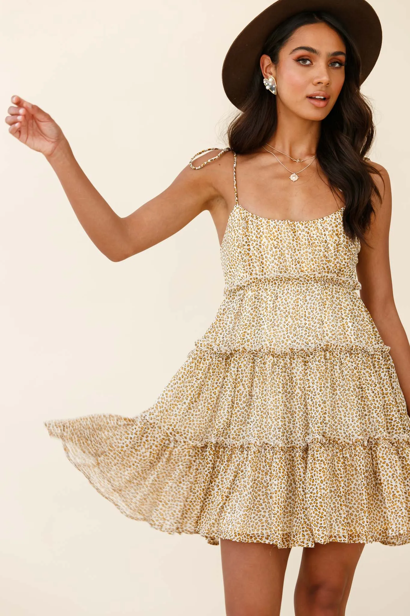 Rumi String Tie Babydoll Dress Leopard Print Mustard