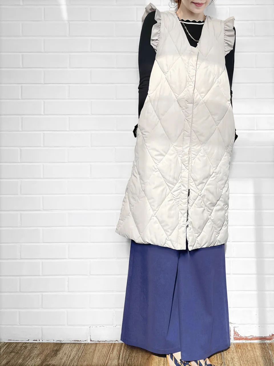 Surprise Sale! Platinum White Frill Shoulder Longline Quilted Down Vest