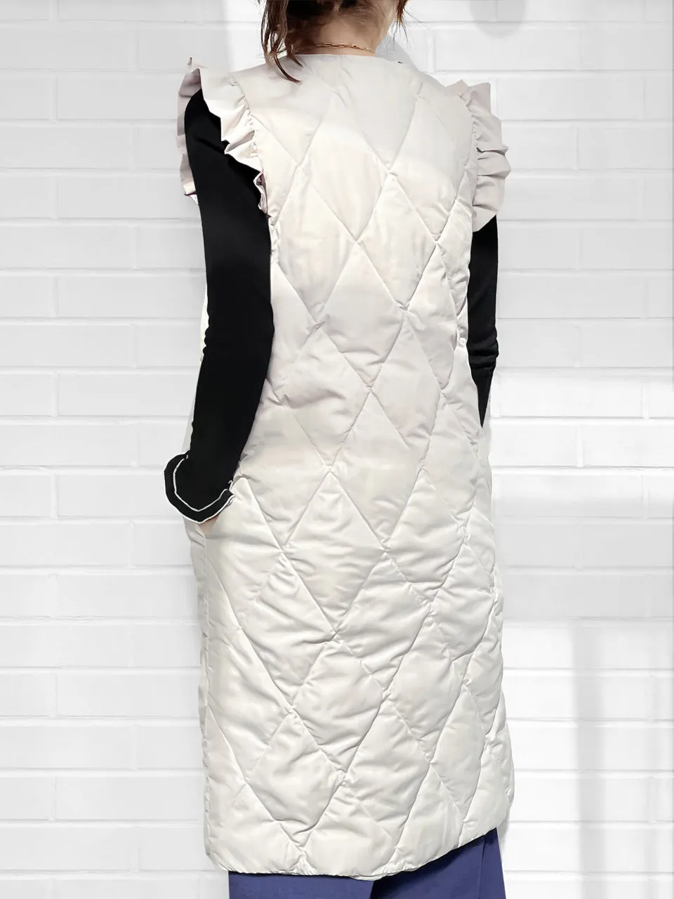 Surprise Sale! Platinum White Frill Shoulder Longline Quilted Down Vest