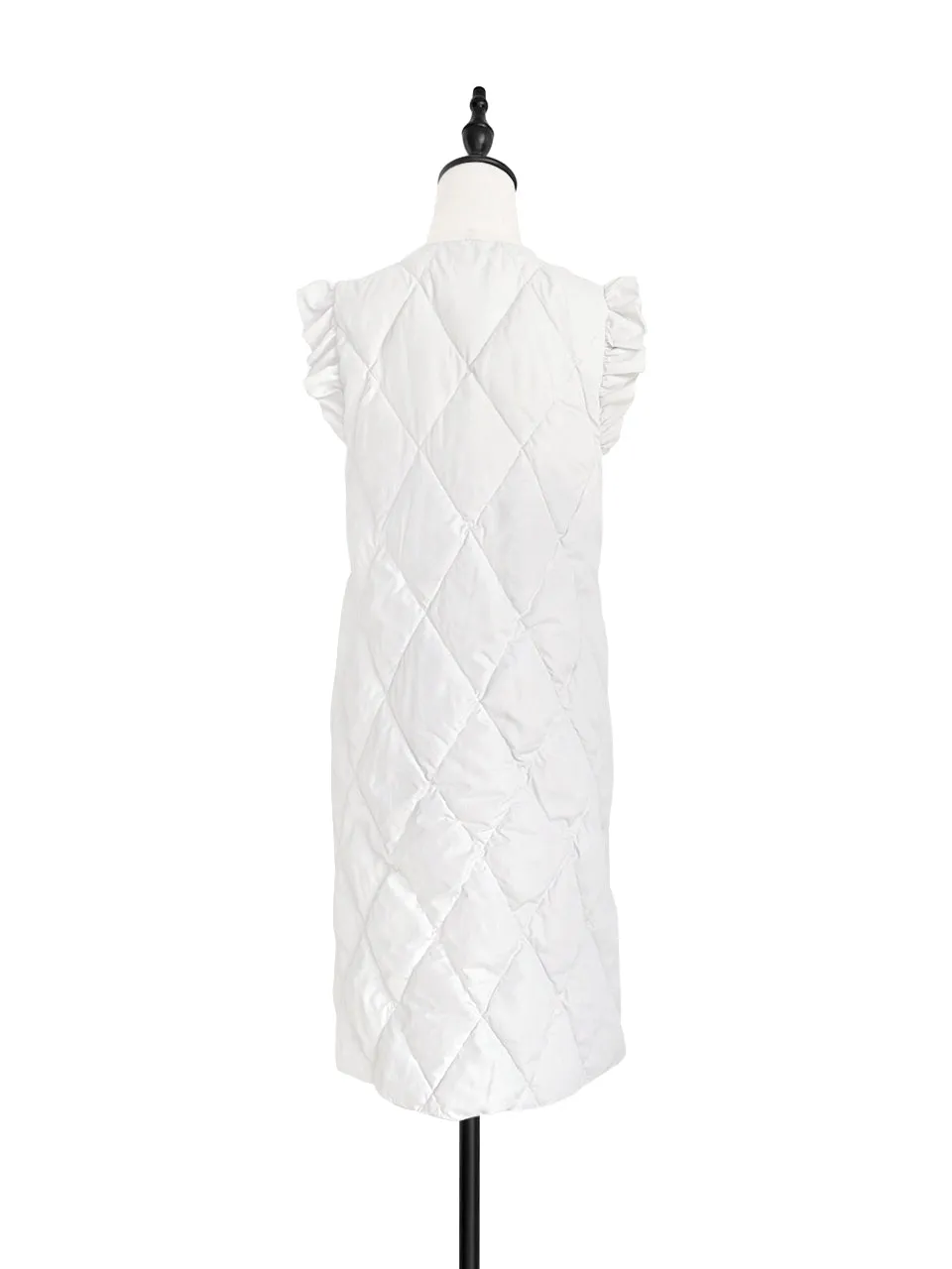 Surprise Sale! Platinum White Frill Shoulder Longline Quilted Down Vest