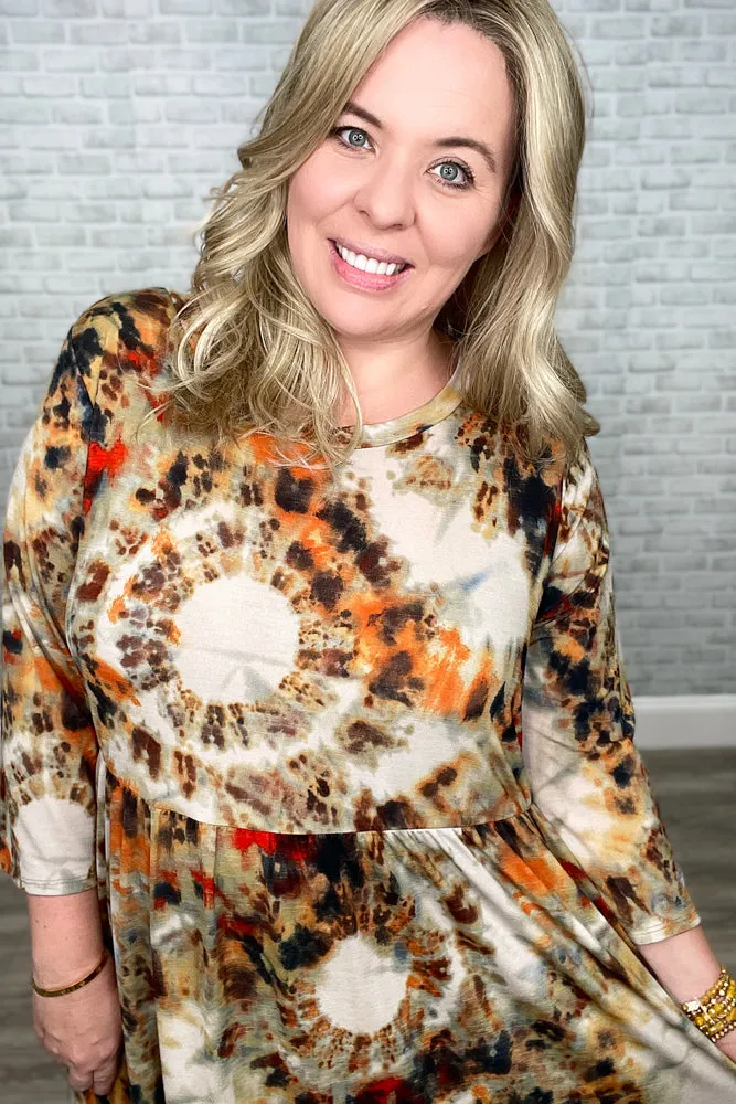 The "Emily Loves Fall" 3/4 Sleeve Circle Tie Dye Babydoll Dress
