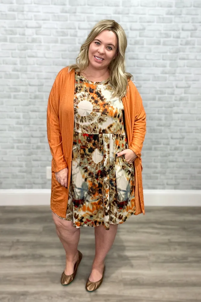 The "Emily Loves Fall" 3/4 Sleeve Circle Tie Dye Babydoll Dress