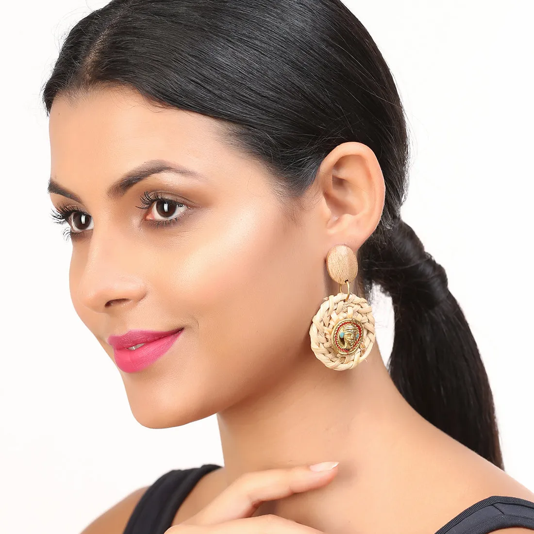 'Tribal Men Faces' Bohemian Brass & Cane Earrings Handcrafted In Dhokra Art