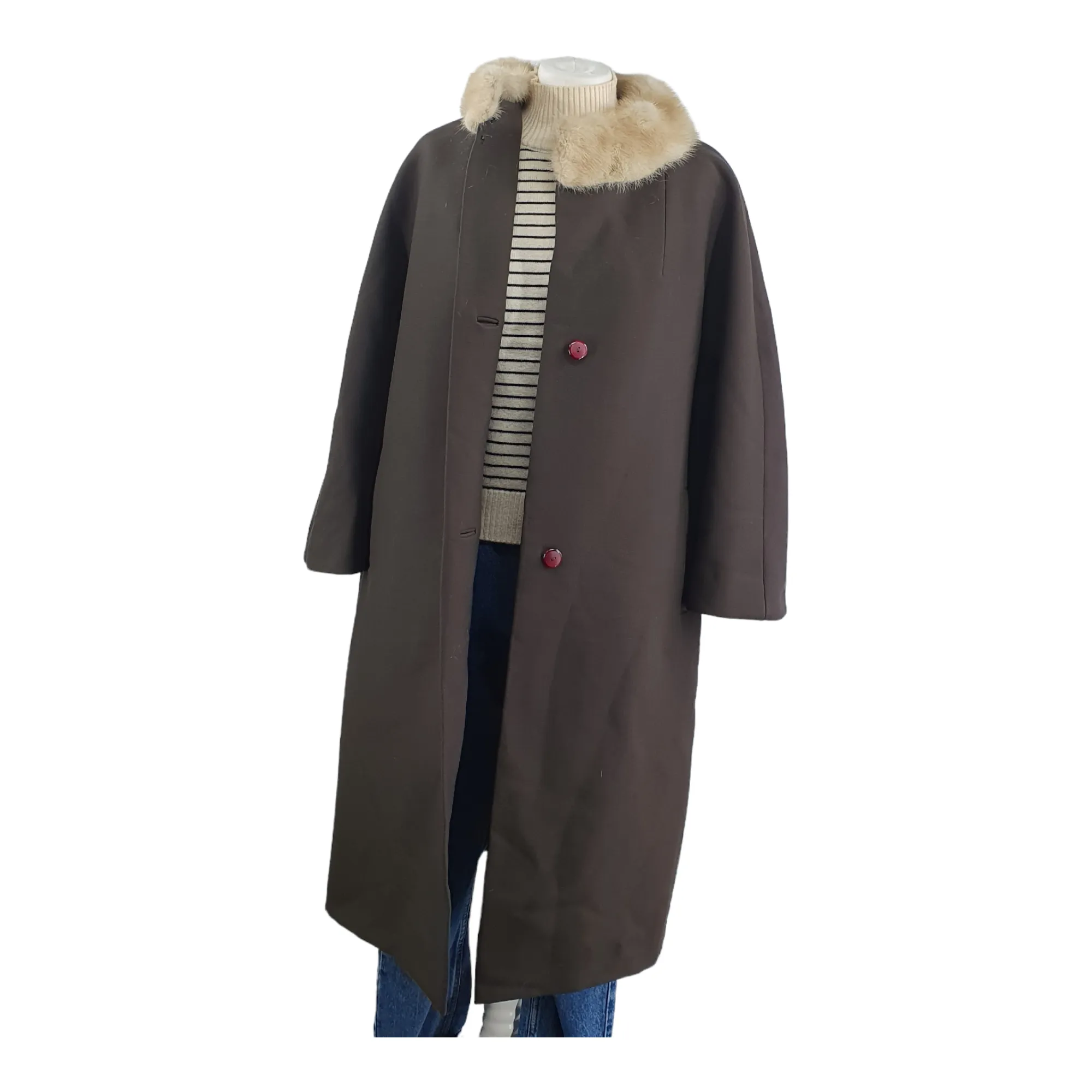 Vintage 1950s real fur Collar Brown Cocoon Coat 48" L/XL