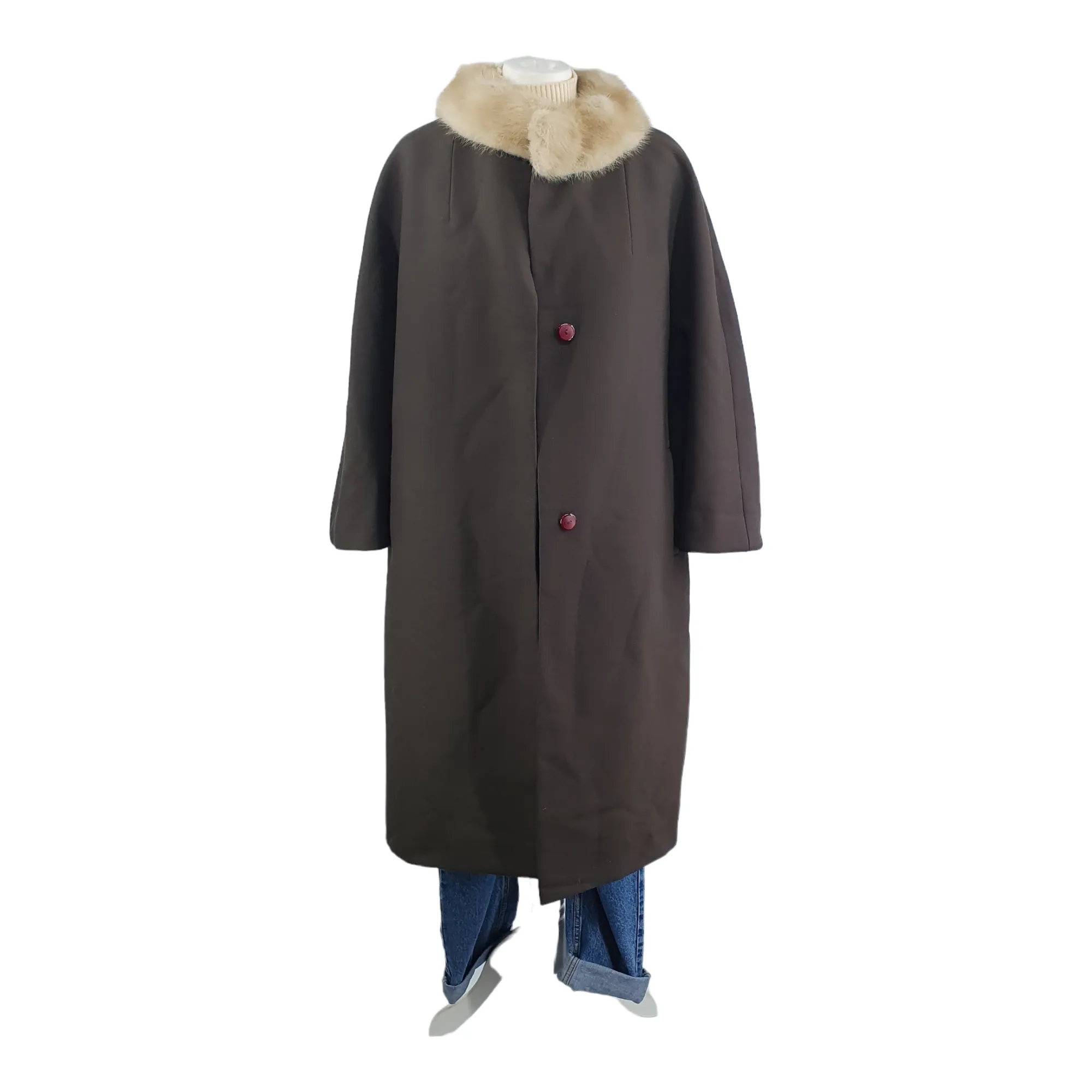 Vintage 1950s real fur Collar Brown Cocoon Coat 48" L/XL