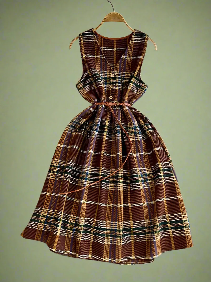 Vintage Plaid V-Neck Buttoned Dress