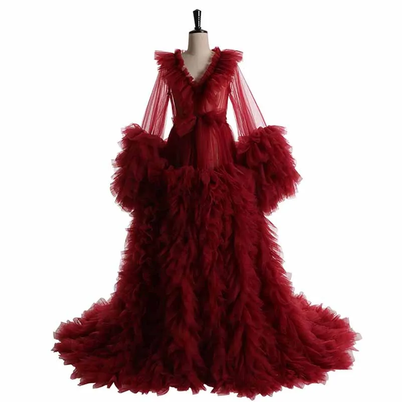 Women Tulle Robe for Maternity Photoshoot Puffy Gown Long Sleeves Court Train Tie Closure