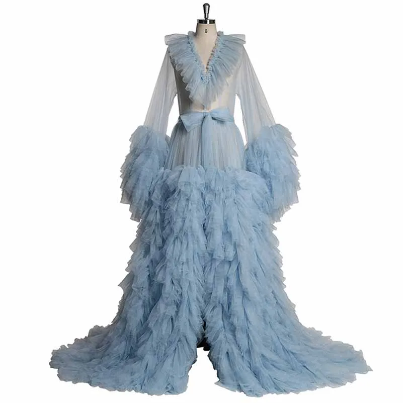 Women Tulle Robe for Maternity Photoshoot Puffy Gown Long Sleeves Court Train Tie Closure
