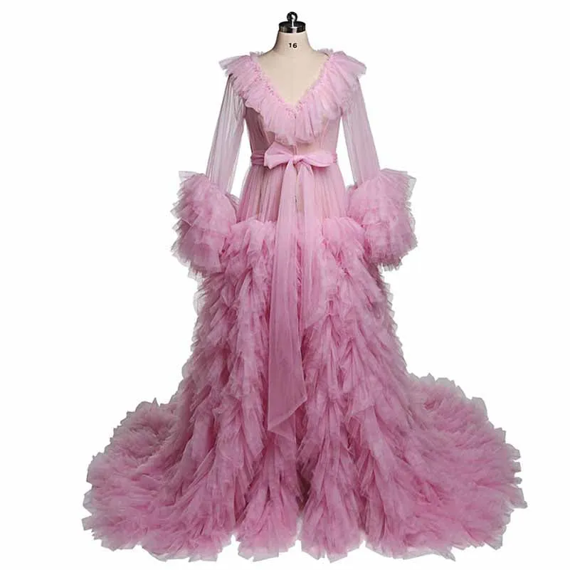 Women Tulle Robe for Maternity Photoshoot Puffy Gown Long Sleeves Court Train Tie Closure