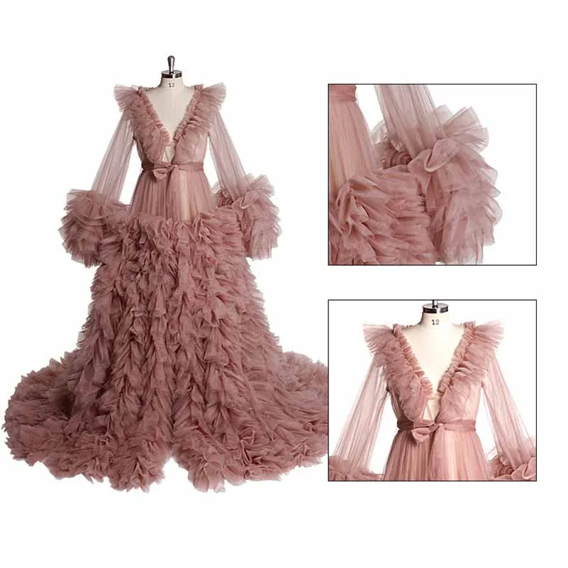 Women Tulle Robe for Maternity Photoshoot Puffy Gown Long Sleeves Court Train Tie Closure