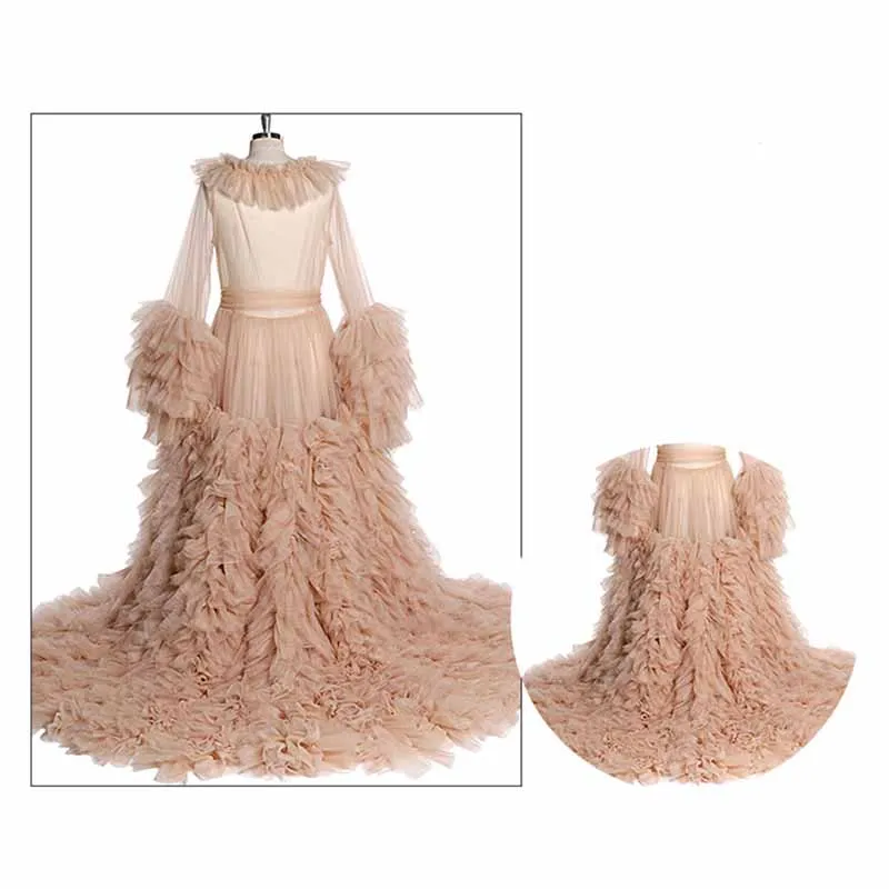 Women Tulle Robe for Maternity Photoshoot Puffy Gown Long Sleeves Court Train Tie Closure