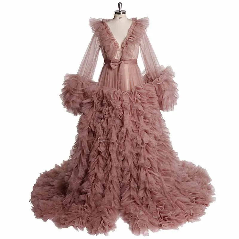Women Tulle Robe for Maternity Photoshoot Puffy Gown Long Sleeves Court Train Tie Closure
