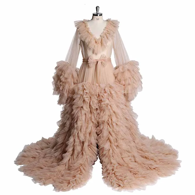 Women Tulle Robe for Maternity Photoshoot Puffy Gown Long Sleeves Court Train Tie Closure