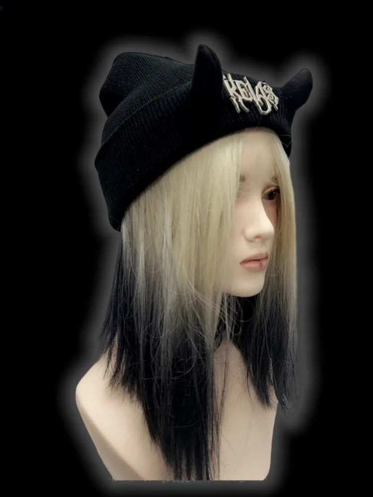 Y2K Black Devil Horn Metallic Letter Details Punk Beanie