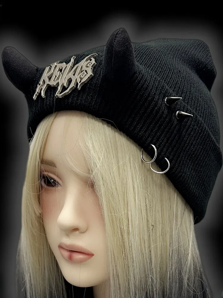 Y2K Black Devil Horn Metallic Letter Details Punk Beanie