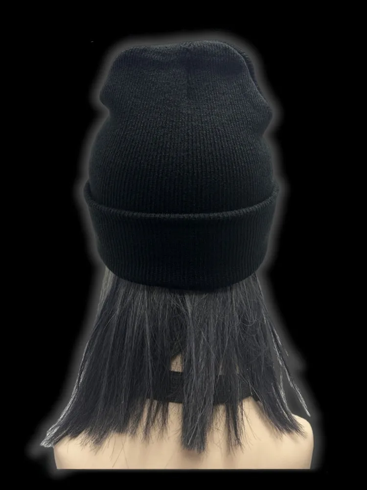 Y2K Black Devil Horn Metallic Letter Details Punk Beanie
