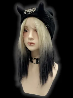 Y2K Black Devil Horn Metallic Letter Details Punk Beanie