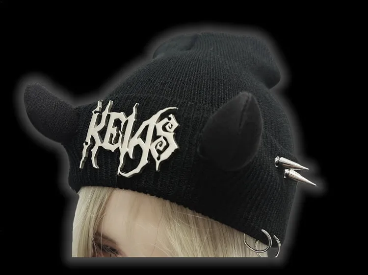 Y2K Black Devil Horn Metallic Letter Details Punk Beanie