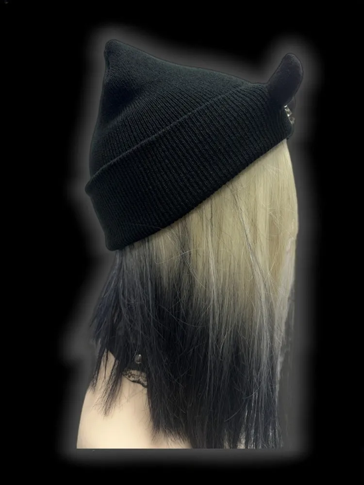 Y2K Black Devil Horn Metallic Letter Details Punk Beanie
