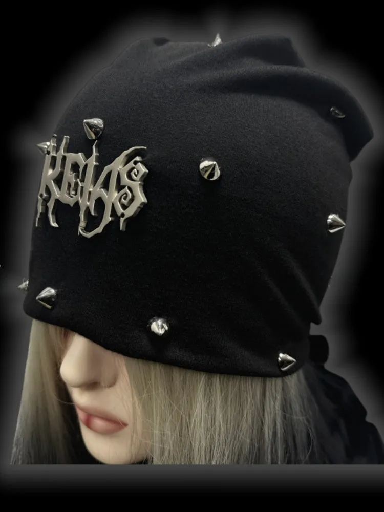 Y2K Black Metallic Letter Details Studs Punk Slouchy Beanie