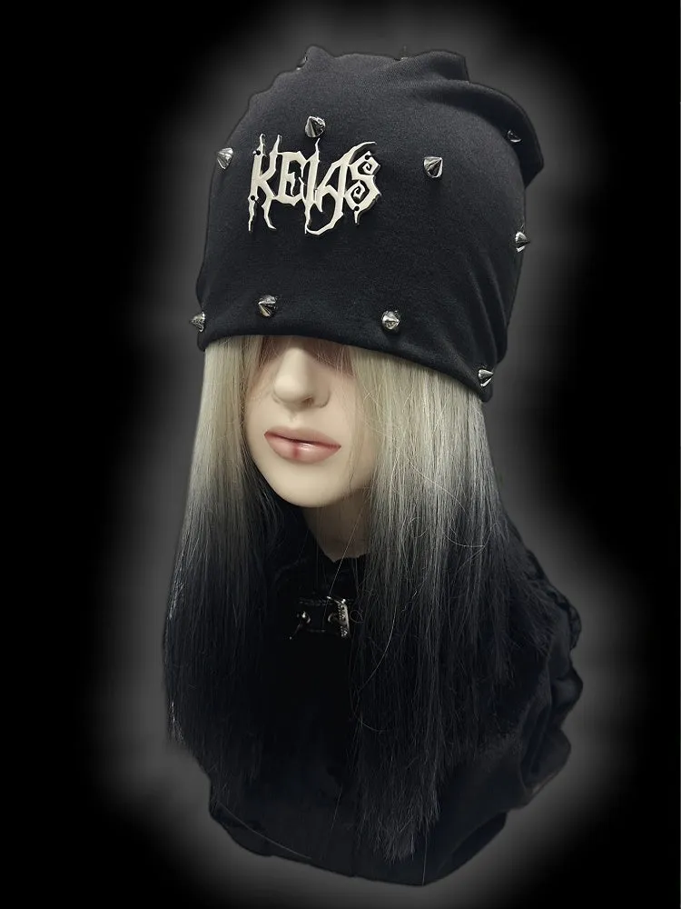 Y2K Black Metallic Letter Details Studs Punk Slouchy Beanie