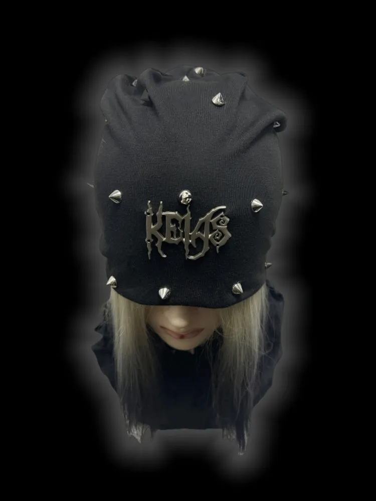 Y2K Black Metallic Letter Details Studs Punk Slouchy Beanie