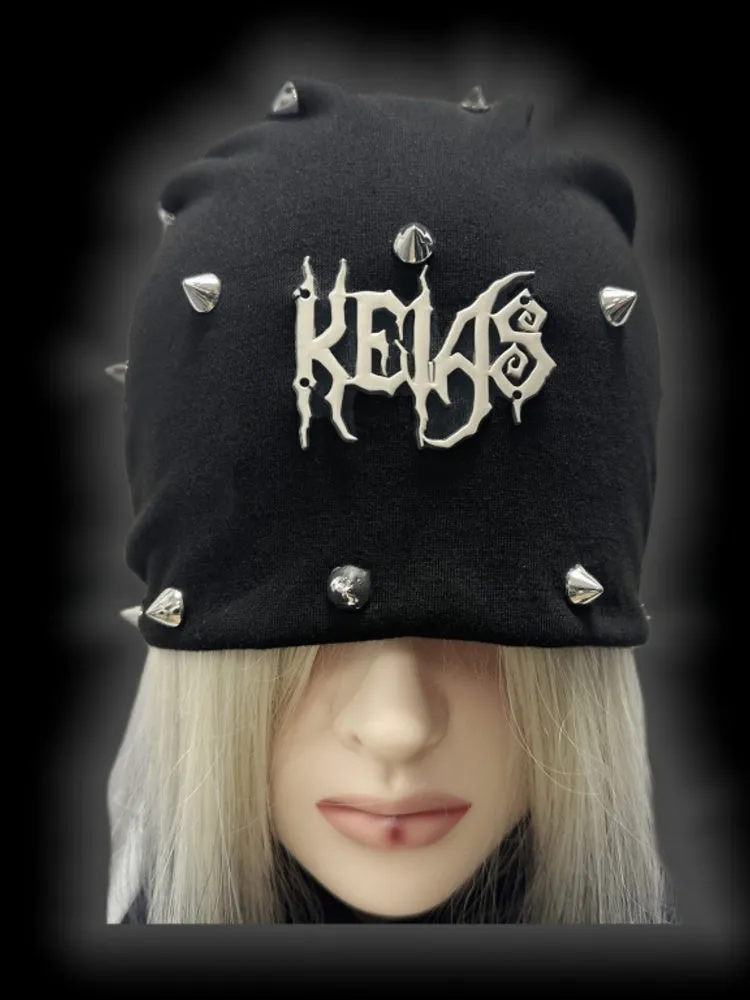 Y2K Black Metallic Letter Details Studs Punk Slouchy Beanie