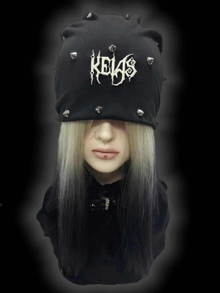Y2K Black Metallic Letter Details Studs Punk Slouchy Beanie